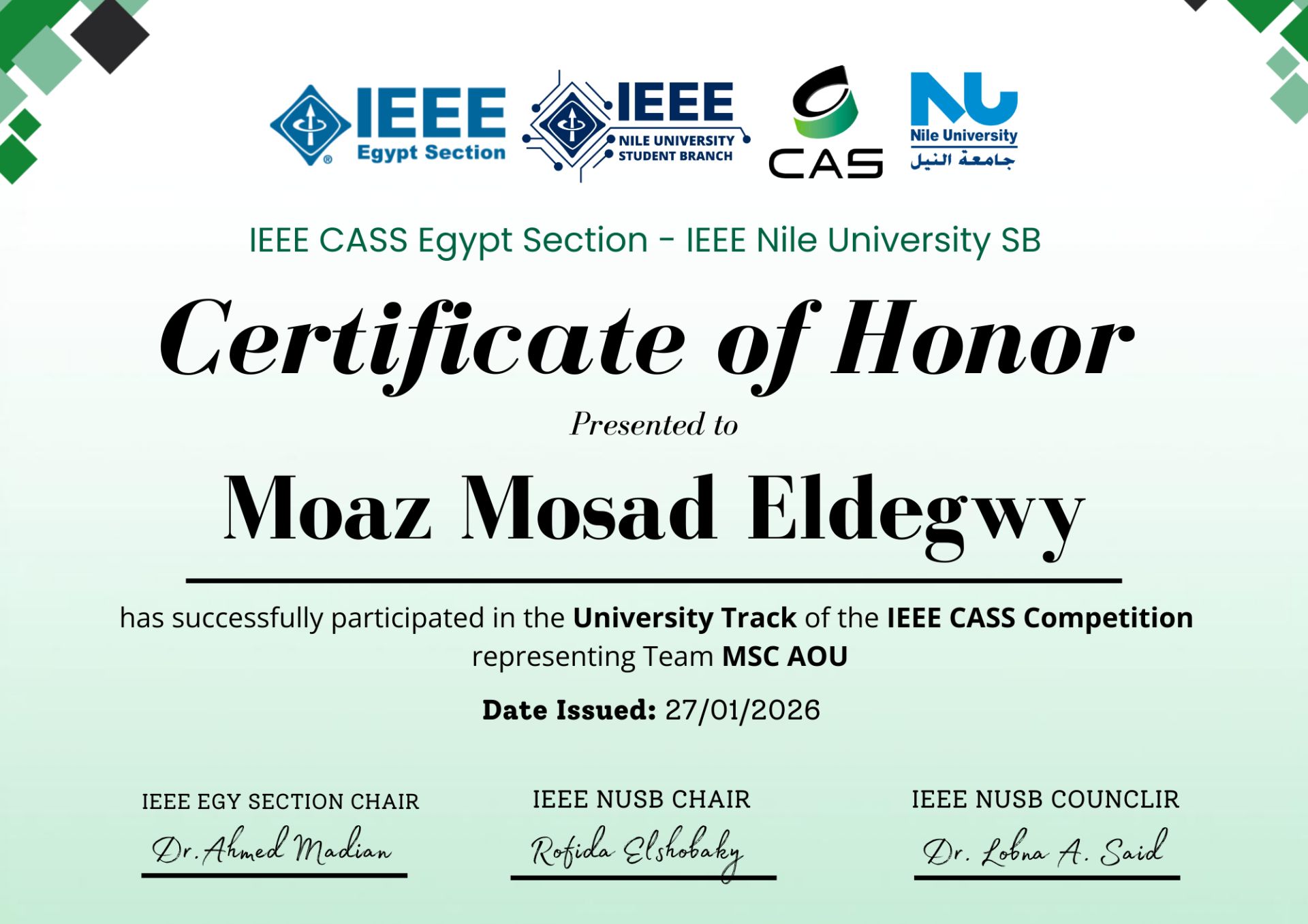 IEEE CASS Student Design Competition 2026: Certificate
